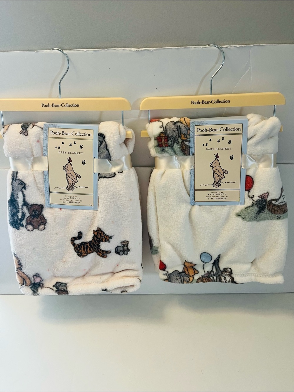 Winnie the Pooh Bear Collection Lot of 2 Baby Blankets Teddy Bear Party Train
